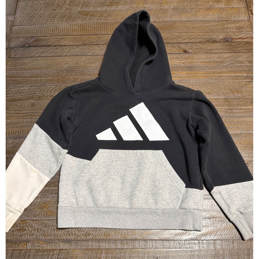Adidas Hoodie Kids Size 8 Black Grey White Good Pullover Logo Preloved
